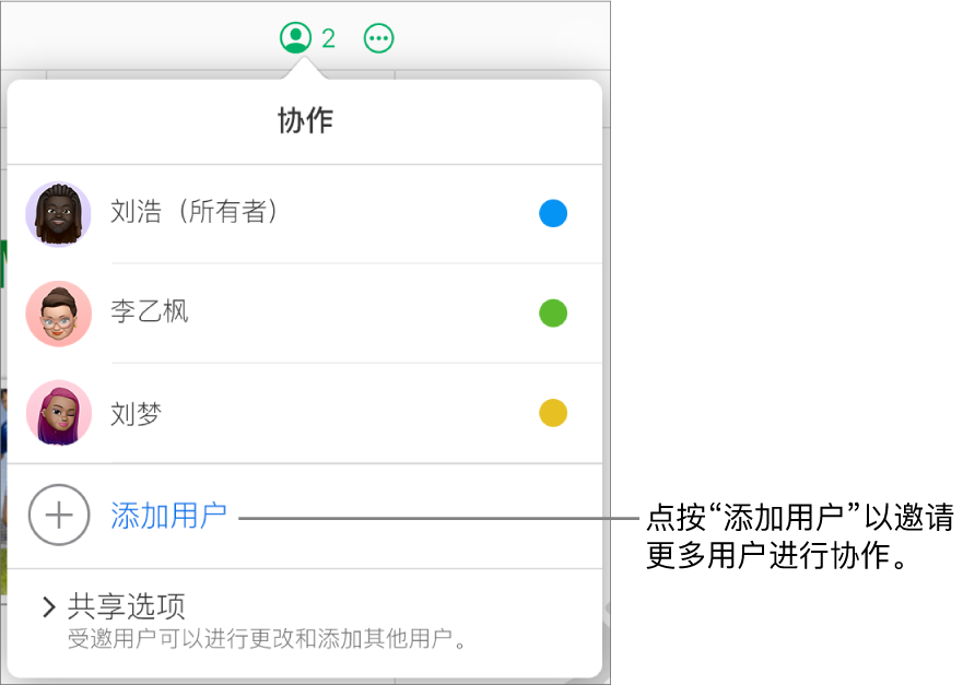 “协作”菜单已打开，参与者列表下方包含一个“添加用户”选项。
