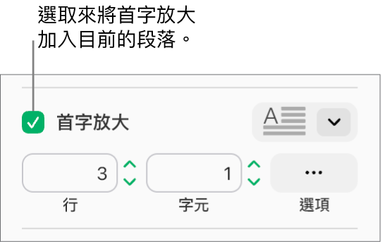 已選取「首字放大」註記框，其右方顯示彈出式選單；其下方顯示設定行高、字元數和其他選項的控制項目。