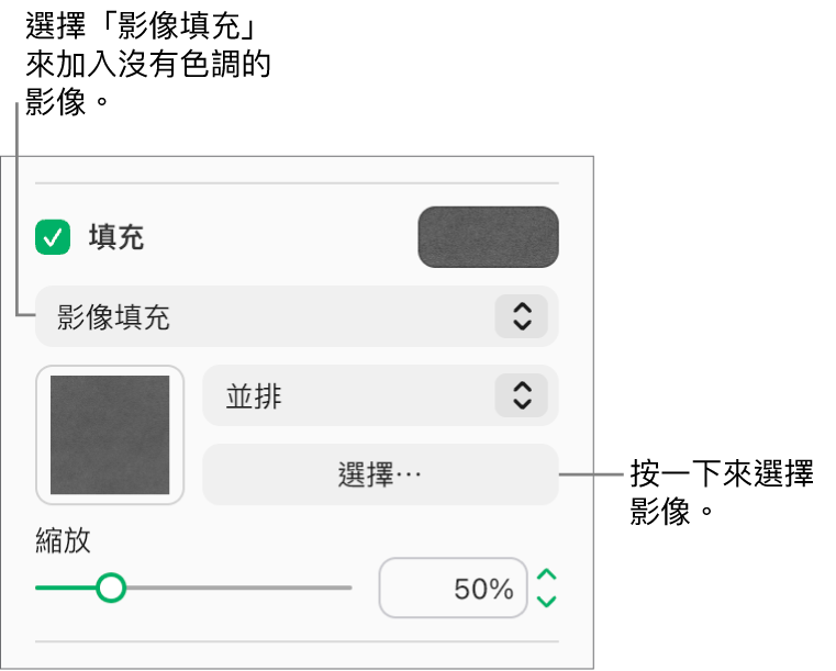 側邊欄中已選取「填充」註記框，註記框下方的彈出式選單也已選取「影像填充」。選擇影像、影像填充物件的方式，以及影像尺寸的控制項目顯示於彈出式選單下方。影像填充的預覽在正方形中顯示（在選擇影像後）。