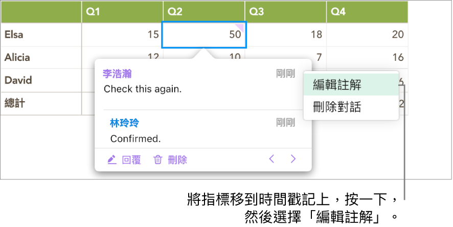 註解已開啟，指標在最上方的時間戳記上，彈出式選單顯示兩個選項：「編輯註解」和「刪除對話」。