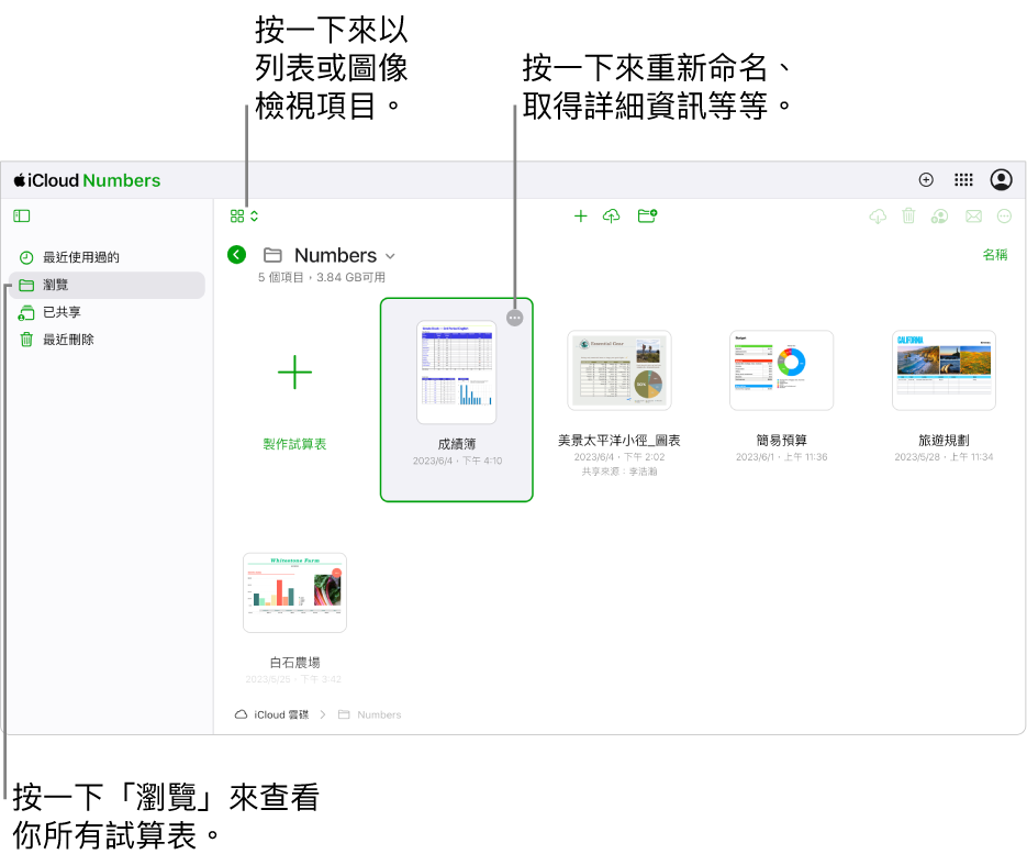瀏覽顯示方式下的文件管理器，在格狀中以圖像顯示 Numbers 文件。可以在選取試算表的右上角看到「更多」按鈕（三個點）。在試算表上方，工具列的左側有一個彈出式選單，你可以在其中選擇以圖像或列表方式來檢視項目。工具列的右側是下載、合作、傳送電子郵件或刪除的按鈕。