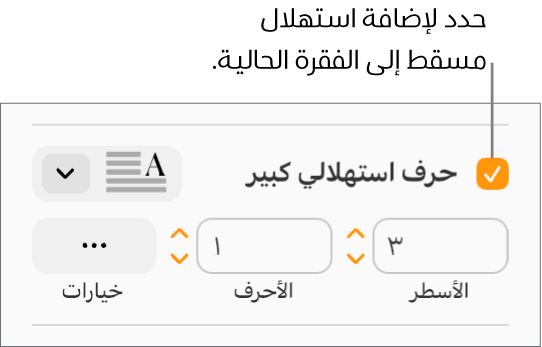 خانة اختيار الحرف الاستهلالي الكبير محددة، وتظهر قائمة منبثقة على يسارها؛ تظهر عناصر التحكم لإعداد ارتفاع السطر وعدد الأحرف والخيارات الأخرى أسفلها.