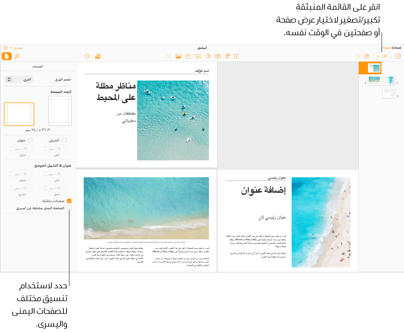 نافذة Pages لـ iCloud مع الصور المصغرة للصفحة وصفحات المستند التي يتم عرضها على شكل صفحتين متقابلتين. في الشريط الجانبي "المستند" على الجانب الأيسر، خانة الاختيار "الصفحة اليمنى مختلفة عن اليسرى" غير محددة.