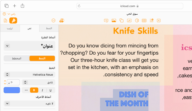 مستند يحتوي على بعض النص المحدد. تظهر خيارات تغيير خط النص المحدد ولونه وحجمه والمزيد في الشريط الجانبي "التنسيق" على الجانب الأيسر.