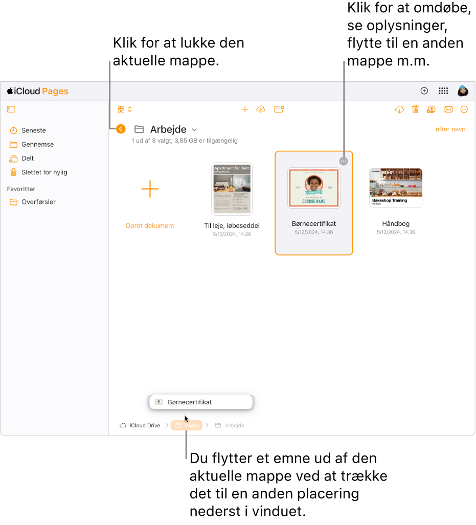 Dokumentadministrationen i oversigten til gennemsyn, hvor et dokument trækkes til en ny placering (mappen Pages) i bunden af vinduet. Under værktøjslinjen vises knappen Tilbage til venstre for det aktuelle mappenavn (Arbejde).