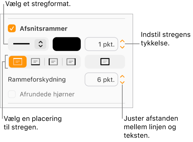 Afkrydsningsfeltet Afsnitsrammer er valgt på fanen Layout i indholdsoversigten Format, og betjeningsmulighederne til ændring af stregformat, farve, tykkelse, position og forskydning i forhold til teksten vises under afkrydsningsfeltet.