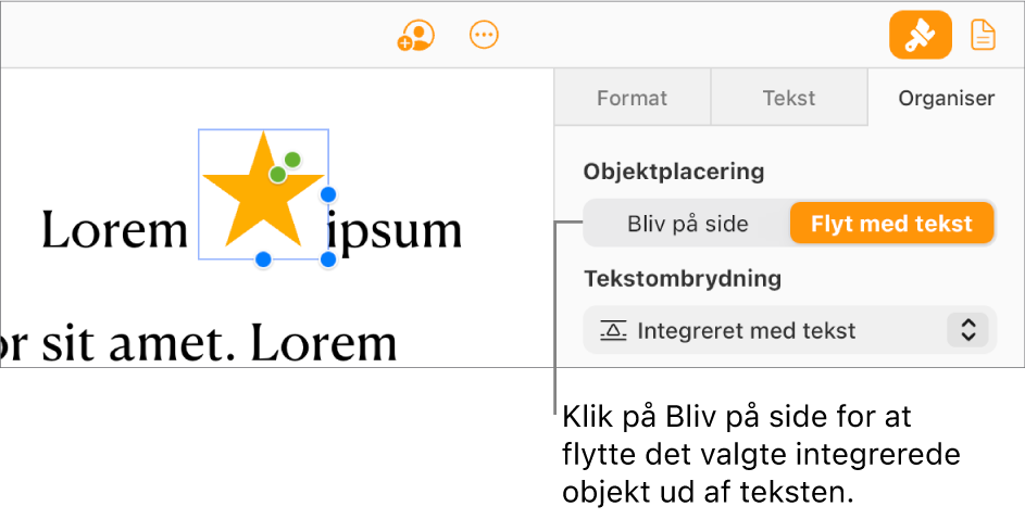 Et integreret billede i brødteksten er valgt, og knappen Bliv på side er synlig på fanen Arranger i indholdsoversigten.