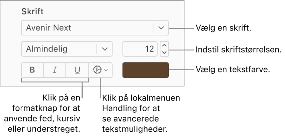 Funktionerne for skrift og tekstformat i indholdsoversigten Format.