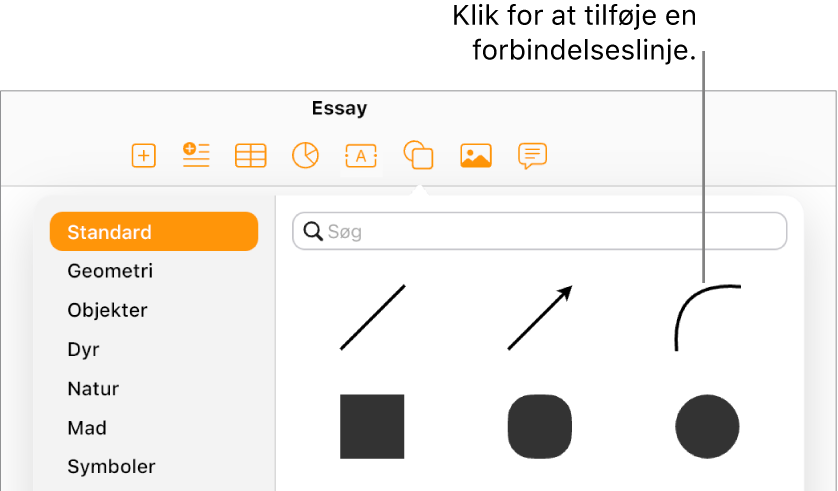 Figurbiblioteket er åbent, Standard er valgt til venstre, og til højre ses et antal streger og figurer, blandt andet en buet streg.