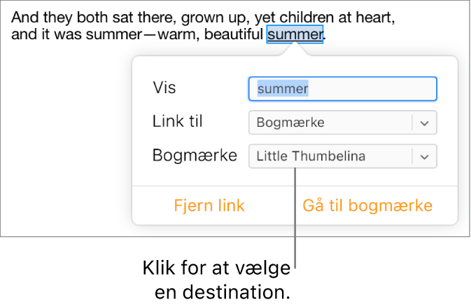 Tekst i et dokument er valgt og understreget, og linkvinduet viser, at teksten har et link til en bogmærke.