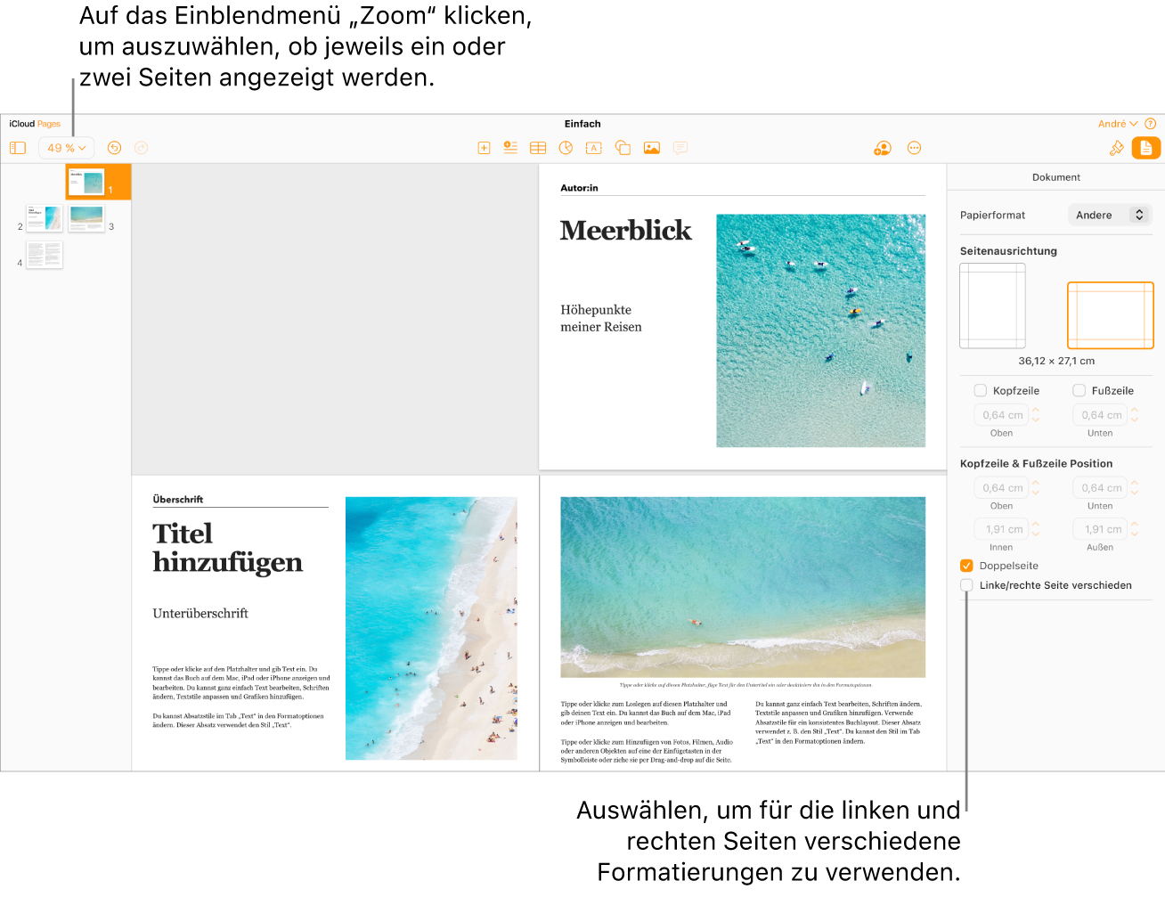 Das „Pages für iCloud“-Fenster mit Seitenminiaturen und Dokumentseiten, die als Doppelseiten angezeigt werden. In der Seitenleiste „Dokument“ rechts ist das Feld „Linke u. rechte Seiten unterschiedlich“ nicht markiert.