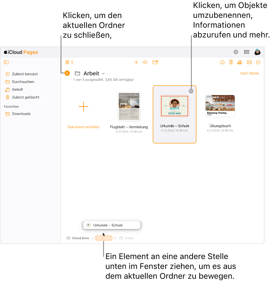 Der Dokumentenmanager in der Darstellung zum Durchsuchen ist zu sehen; ein Dokument wird an eine neue Position (im Pages-Ordner) unten im Fenster gezogen. Unter der Symbolleiste wird die Taste „Zurück“ links neben dem aktuellen Ordnernamen (Arbeit) angezeigt.