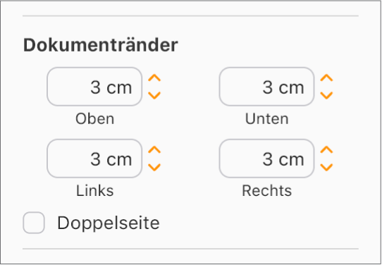 Der Bereich „Dokumentränder“ der Seitenleiste „Dokument“, mit Steuerelementen für die Einstellung der oberen, unteren, linken und rechten Ränder.