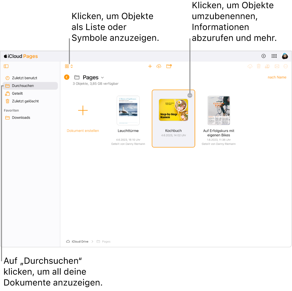 Der Dokumentenmanager in der Darstellung zum Durchsuchen zeigt Pages-Dokumente als Symbole auf einem Raster an. Die Taste „Mehr“ (drei Punkte) ist in der unteren rechten Ecke des ausgewählten Dokuments sichtbar. Über den Dokumenten wird auf der linken Seite der Symbolleiste ein Einblendmenü angezeigt, mit dem du festlegen kannst, ob Objekte als Symbole oder in einer Liste angezeigt werden sollen. Auf der rechten Seite der Symbolleiste befinden sich Tasten zum Herunterladen, Zusammenarbeiten, Mailen oder Löschen.