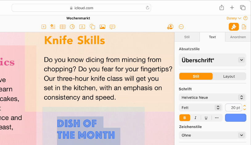Ein Dokument mit ausgewähltem Text. Optionen zum Ändern der Schrift, Farbe, Größe und mehr des ausgewählten Texts werden rechts in der Seitenleiste „Format“ angezeigt.