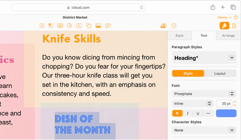 A document with some text selected. Options to change the selected text’s font, color, size and more appear in the Format sidebar on the right.