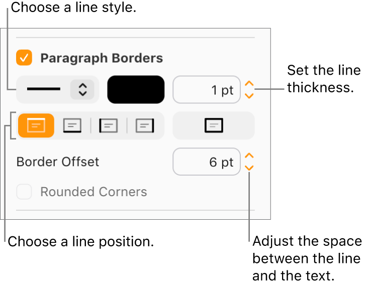 The Paragraph Borders checkbox is selected in the Layout tab of the Format sidebar, and controls to change the line style, color, thickness, position, and offset from the text appear below the checkbox.