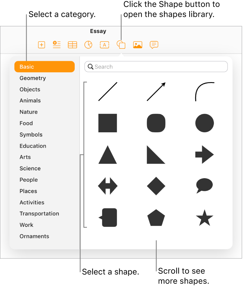 The shapes library is open below the Shape button in the toolbar. The Basic category is selected on the left, and some common shapes (including circles, squares, and lines) are displayed on the right.
