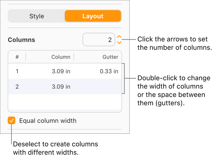 The text column controls in the Layout portion of the Format sidebar.