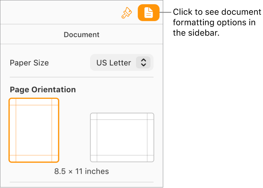 The Document button is selected in the toolbar, and controls for changing the paper size and orientation appear in the Document tab of the sidebar.