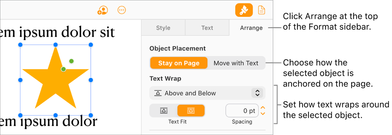 An image is selected in the document body; the Arrange tab of the Format sidebar shows the object is set to Stay on Page with text wrapping above and below the object.