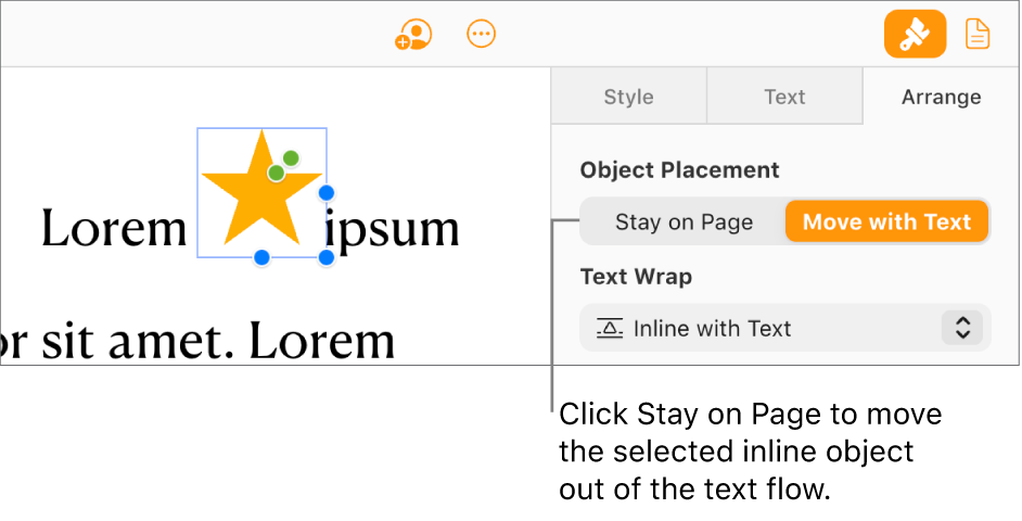 An inline image inside the document body is selected, and a Stay on Page button is visible in the Arrange tab in the sidebar.