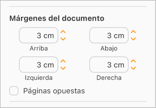 La sección “Márgenes del documento” de la barra lateral Documento, con controles para establecer el margen superior, inferior, derecho e izquierdo.