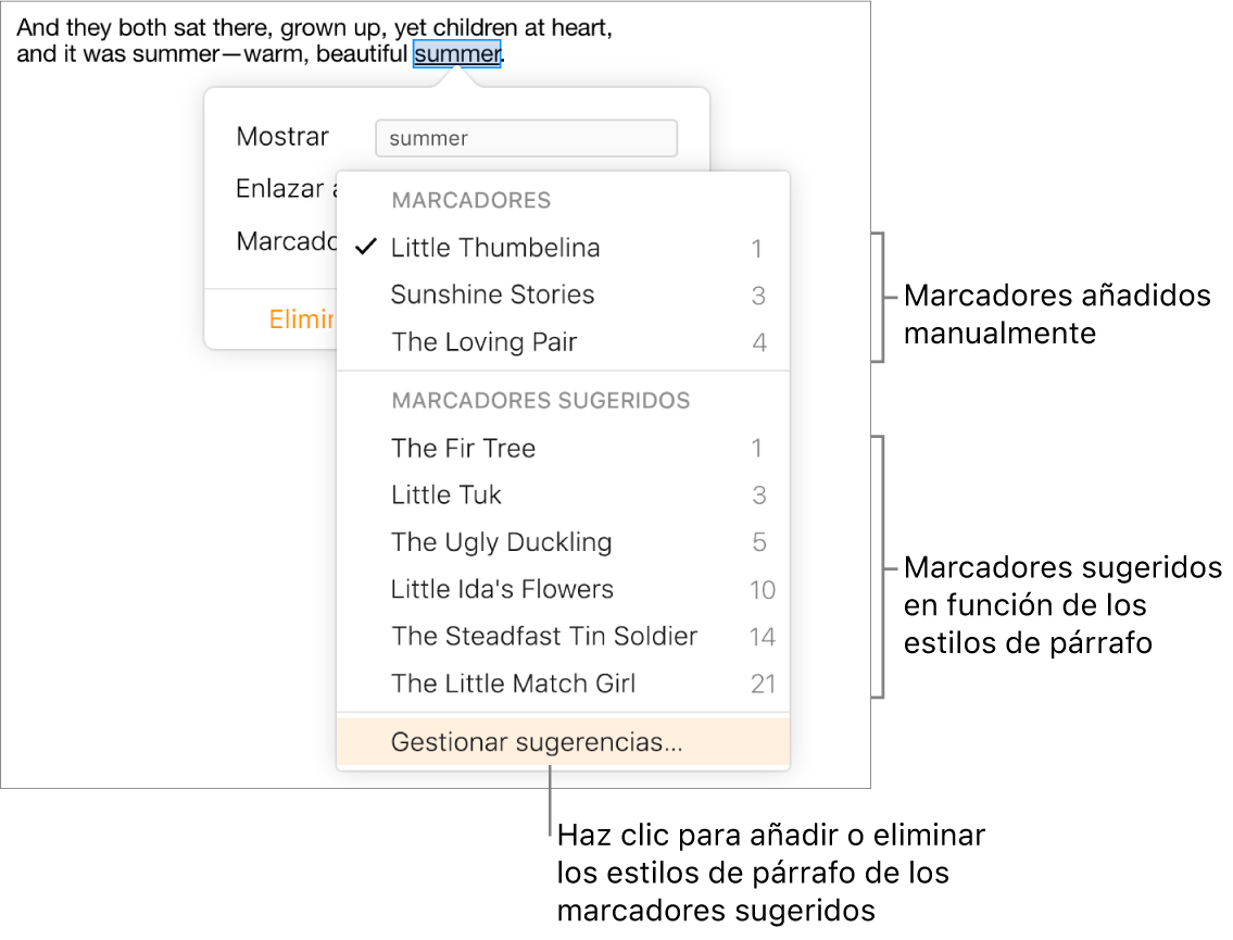 La lista de marcadores con los marcadores añadidos manualmente en la parte superior y los marcadores sugeridos en la parte inferior. “Gestionar sugerencias” aparece seleccionado al final del menú emergente.