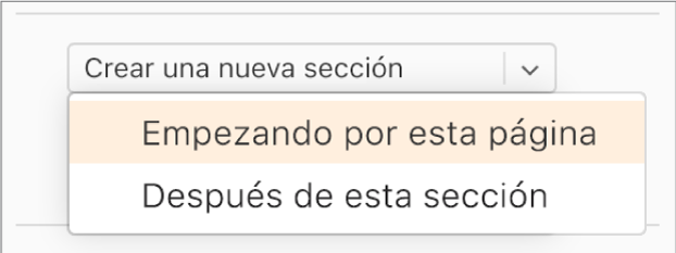 El menú emergente “Crear una nueva sección” está abierto, y está seleccionado “Empezando por esta página”.