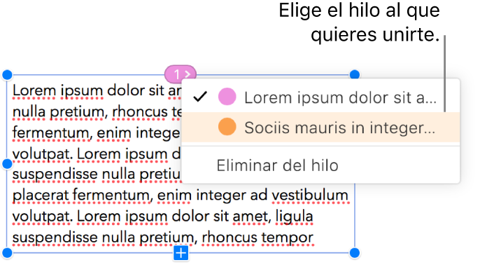 Está seleccionado el primer cuadro de texto de un subproceso y un menú emergente junto al círculo de la parte superior del cuadro de texto está abierto. En el menú emergente, el subproceso del cuadro de texto tiene una casilla al lado.