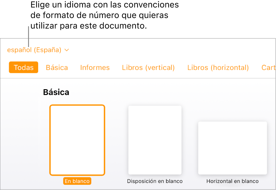 El menú emergente de la esquina superior izquierda del selector de plantillas con la opción Inglés (Estados Unidos) seleccionada.