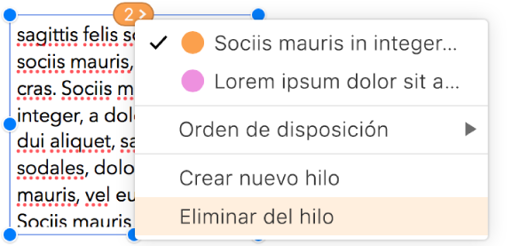 Está seleccionado el segundo cuadro de texto de un subproceso y un menú emergente junto al círculo de la parte superior del cuadro de texto está abierto. En el menú emergente, el elemento del menú “Eliminar del hilo” está seleccionado.