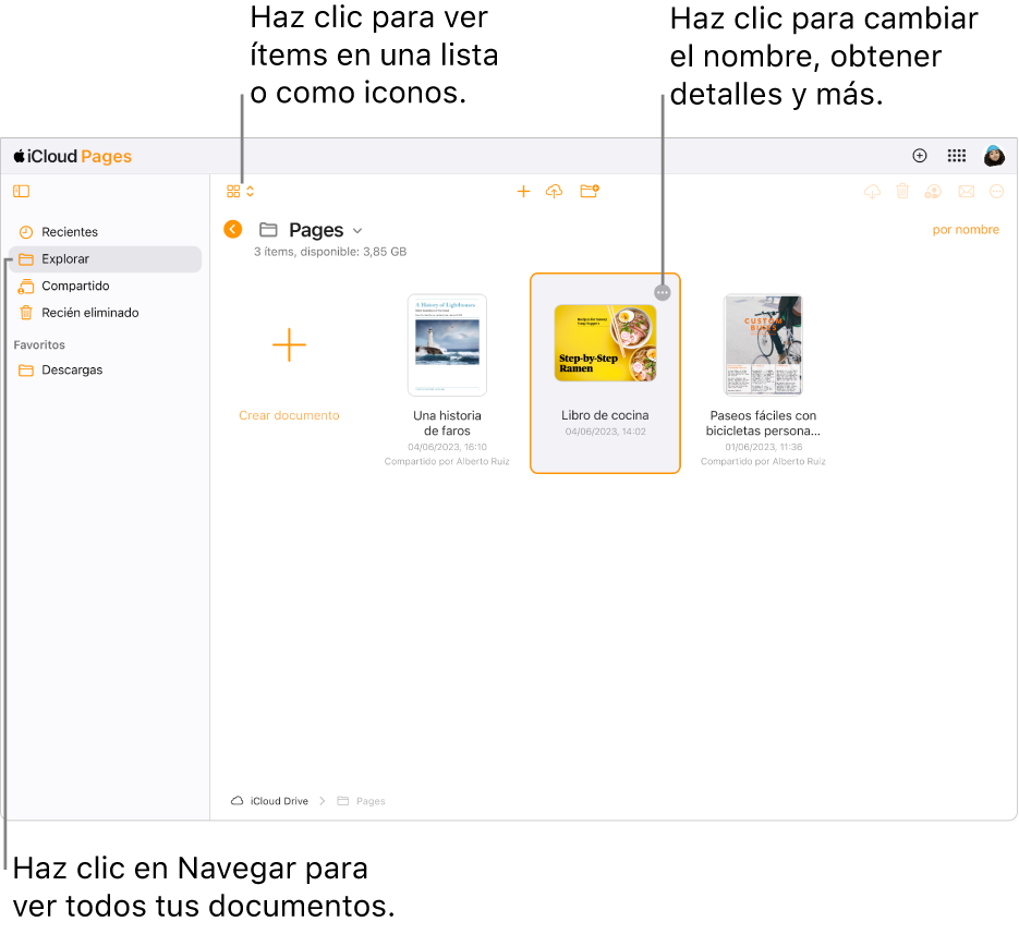 El gestor de documentos en vista de exploración, mostrando documentos de Pages como iconos en una cuadrícula. El botón Más (tres puntos) está visible en la esquina superior derecha del documento seleccionado. Por encima de los documentos, el lado izquierdo de la barra de tareas tiene un menú emergente donde puedes seleccionar si visualizar los ítems como iconos o en una lista. En el lado derecho de la barra hay botones para descargar ítems, colaborar en ellos, enviarlos por correo electrónico o eliminarlos.
