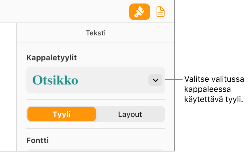 Kuvassa on Muoto-sivupalkin Kappaletyylit-ponnahdusvalikko. Valittuna on Otsikko-kappaletyyli, jolla on punainen lihavoitu fontti.