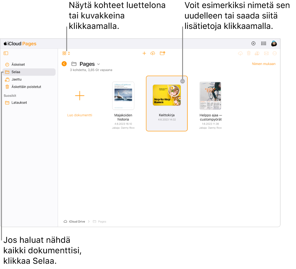 Dokumenttinäkymä on selausnäkymässä, ja Pages-dokumentit näkyvät siinä kuvakkeina ruudukossa. Valitun dokumentin oikeassa yläkulmassa näkyy Lisää-painike (kolme pistettä). Dokumenttien yläpuolella työkalupalkissa vasemmalla on ponnahdusvalikko, jossa voit valita kohteiden näyttämisen kuvakkeina tai luettelossa. Työkalupalkissa oikealla ovat painikkeet lataamista, yhteistyötä, sähköpostin lähettämistä ja poistamista varten.