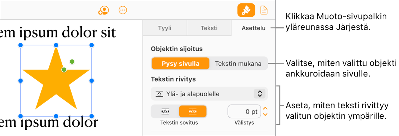 Dokumentin leipätekstissä on valittuna kuva. Muoto-sivupalkin Asettelu-ruudusta näkyy, että objekti on määritetty pysymään sivulla ja että teksti on rivitetty objektin ylä- ja alapuolelle.