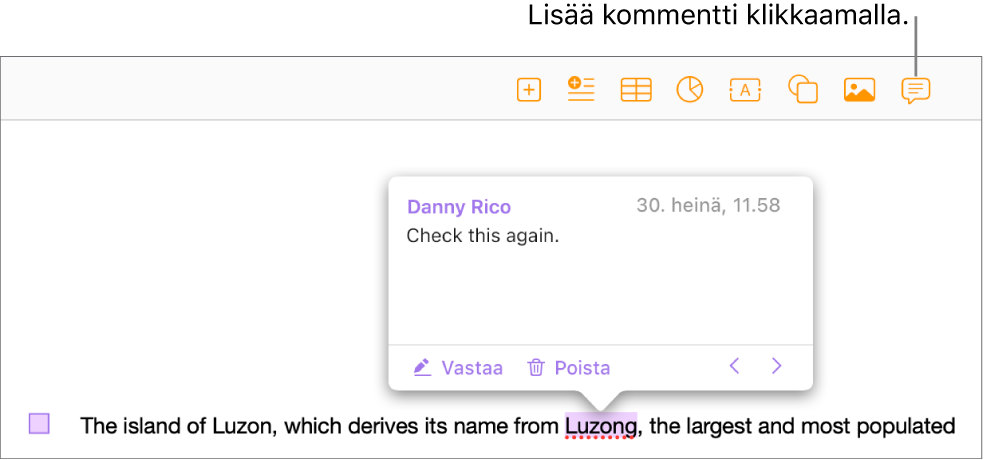 Dokumentin tekstiin on lisätty kommentti. Teksti on korostettu. Lisäksi vasemmassa reunassa näytetään neliömerkintä.