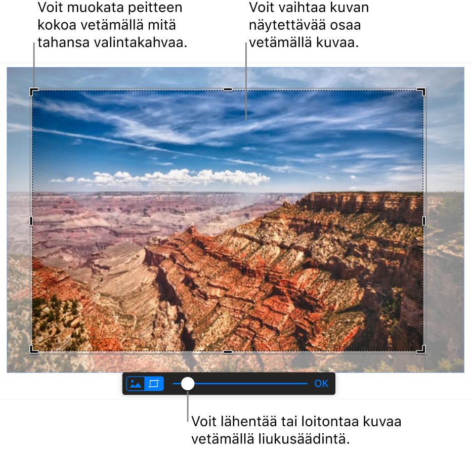 Valittu kuva, jossa maskin ohjaimet ovat näkyvissä alareunassa. Selitteet ilmaisevat kulman valintakahvan, kuvan rajat ja maskin ohjaimen liukusäätimen.