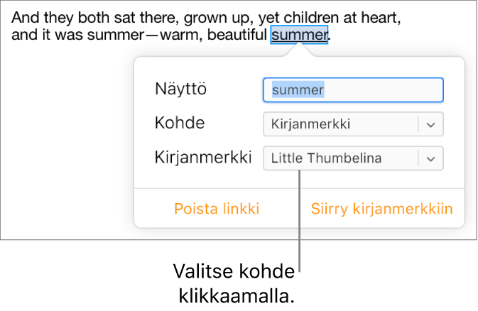 Dokumentin tekstiä on valittu ja alleviivattu. Linkki-ikkunasta näkyy, että teksti on linkitetty kirjanmerkkiin.