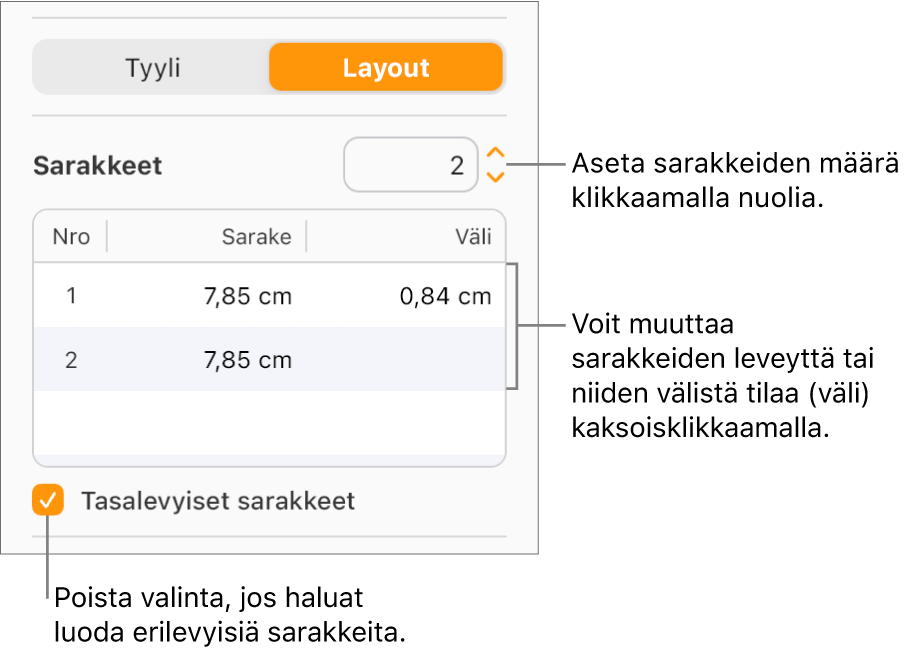 Kuvassa näkyvät Muoto-sivupalkin Asettelu-osion tekstisaraketoiminnot.