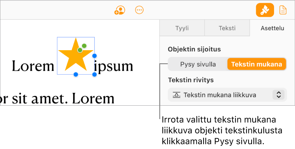 Dokumentin leipätekstissä on valittuna tekstiin sidottu objekti. Sivupalkin Asettelu-välilehdessä näkyy Pysy sivulla -painike.