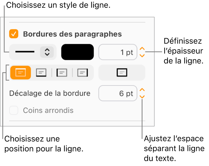 La case « Bordures des paragraphes » est cochée dans l’onglet Disposition de la barre latérale Format, et les commandes permettant de modifier le style de ligne, la couleur, l’épaisseur, la position et le décalage par rapport au texte apparaissent sous la case à cocher.