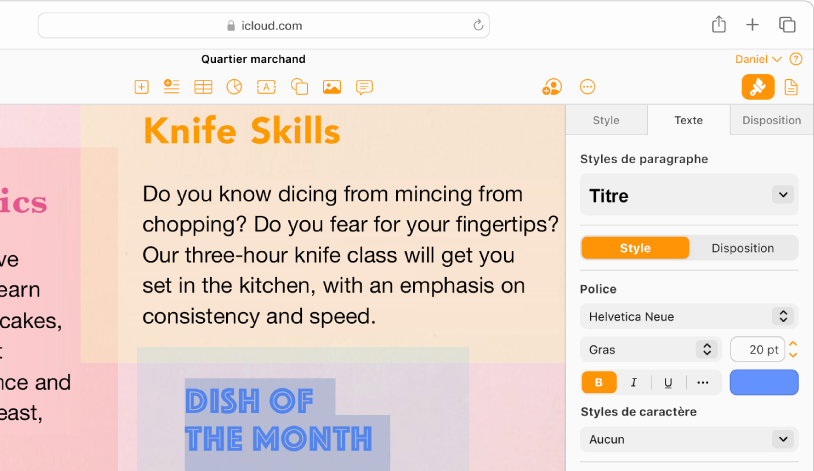 Un document dont une partie du texte est sélectionné. Les options permettant de modifier la police, la couleur, la taille, etc. du texte sélectionné s’affichent dans la barre latérale Format sur la droite.