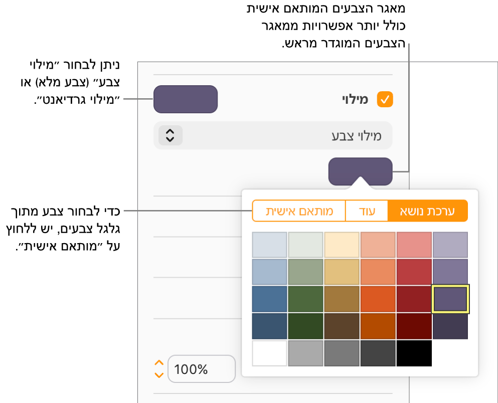 האפשרות ״מילוי צבע״ נבחרת בתפריט הקופץ מתחת לתיבת הסימון ״מילוי״ ומאגר הצבעים מתחת לתפריט הקופץ מציג את האפשרויות הנוספות למילוי צבעים.
