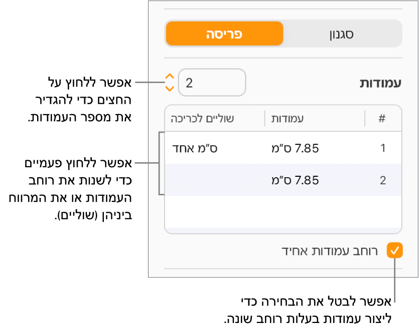 פקדי עמודות המלל בחלק ״פריסה״ של סרגל הצד ״עיצוב״.