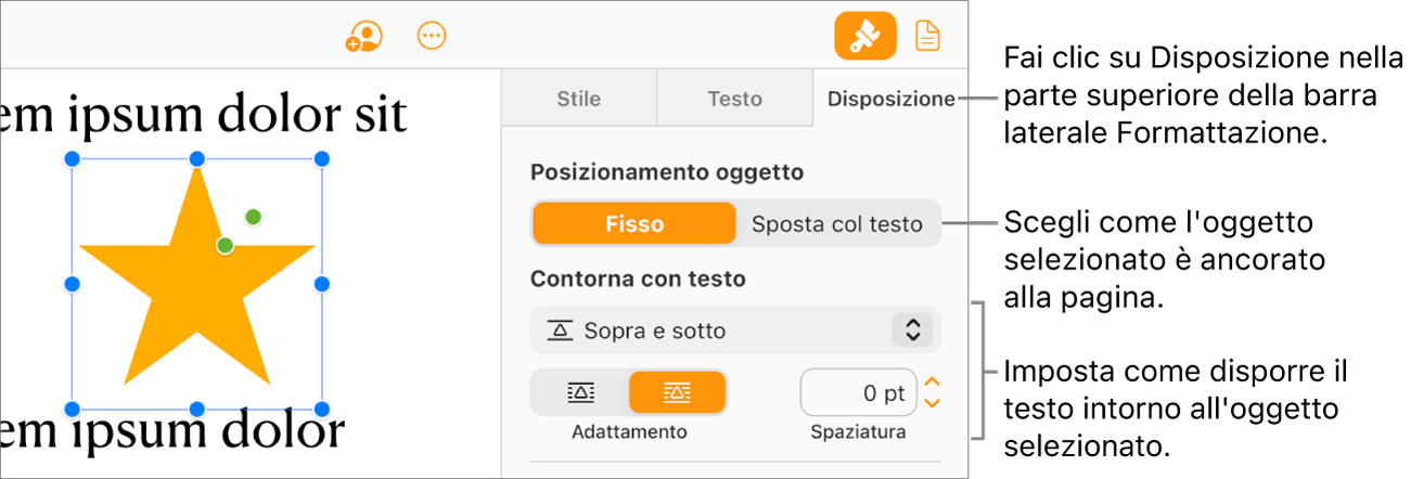 Viene selezionata un’immagine nel corpo del documento; il pannello Disposizione della barra laterale Formato mostra che l’oggetto è impostato in modo da essere fisso, con il testo che lo circonda sopra e sotto.