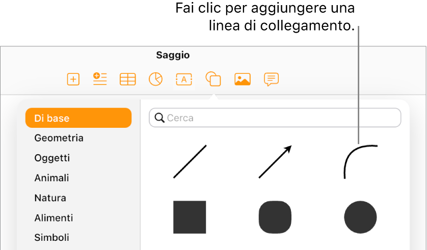 La libreria forme è aperta e l’opzione “Di base” a sinistra è selezionata; a destra sono visibili alcune linee e forme, tra cui una linea curva.