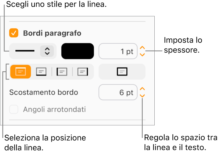 La casella “Bordi paragrafo” è selezionata nel pannello Layout della barra laterale Formato e i controlli per modificare lo stile, il colore, lo spessore, la posizione e la distanza dal testo sono visualizzati sotto alla casella.