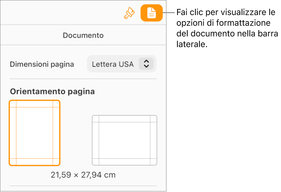 Il pulsante Documento è selezionato nella barra strumenti, e i controlli per modificare la dimensione della carta e l’orientamento sono mostrati nel pannello Documento della barra laterale.