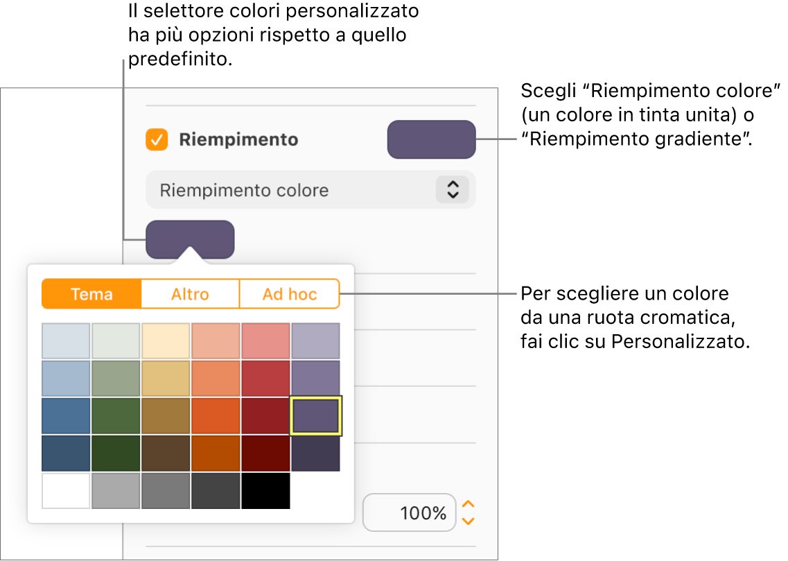 Riempimento colore è selezionato nel menu a comparsa sotto il riquadro Riempimento, e il riquadro colore sotto al menu a comparsa mostra maggiori opzioni di riempimento colore.